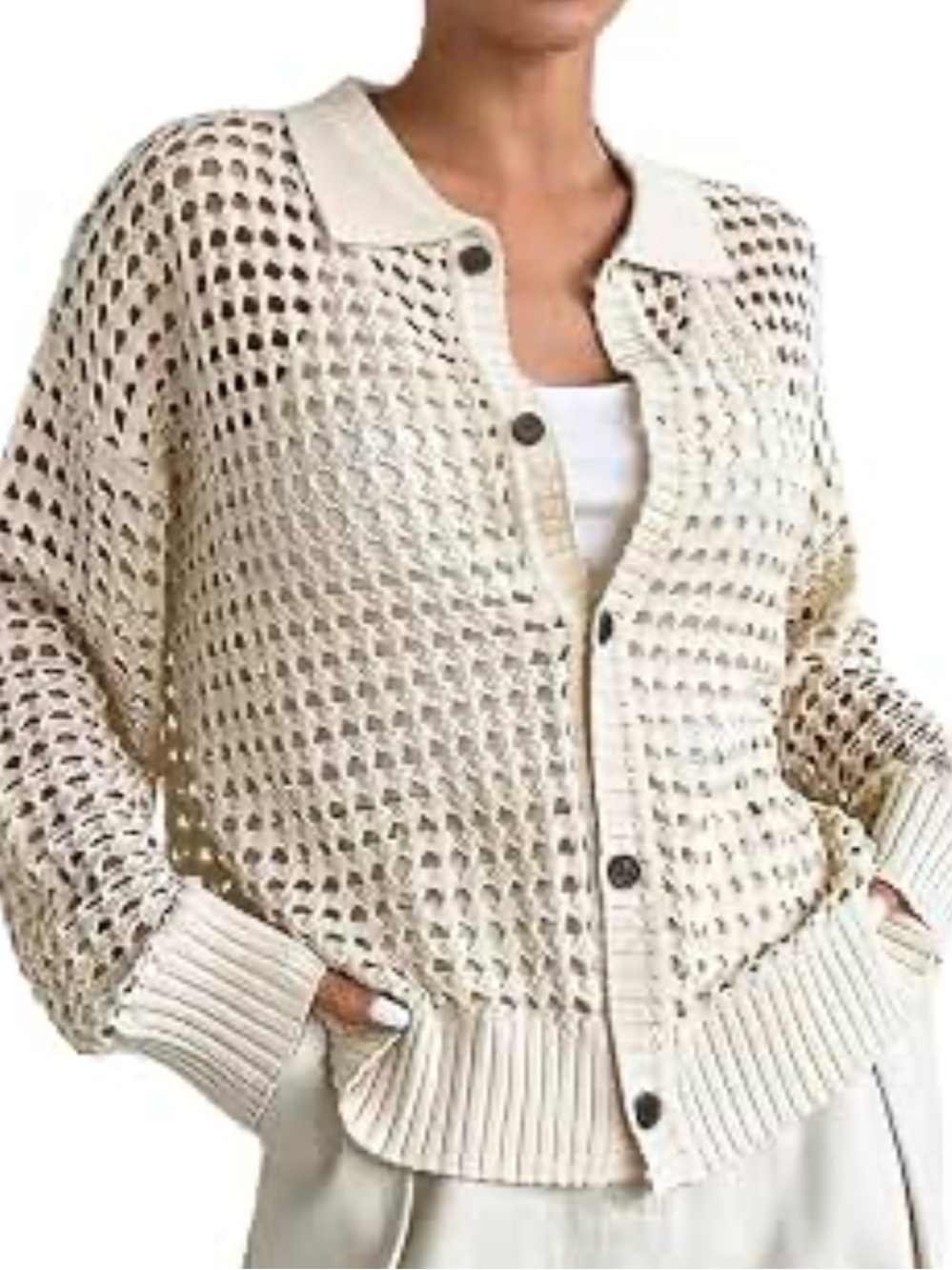 Open-Knit Cream Button-Front Cardigan Sweater